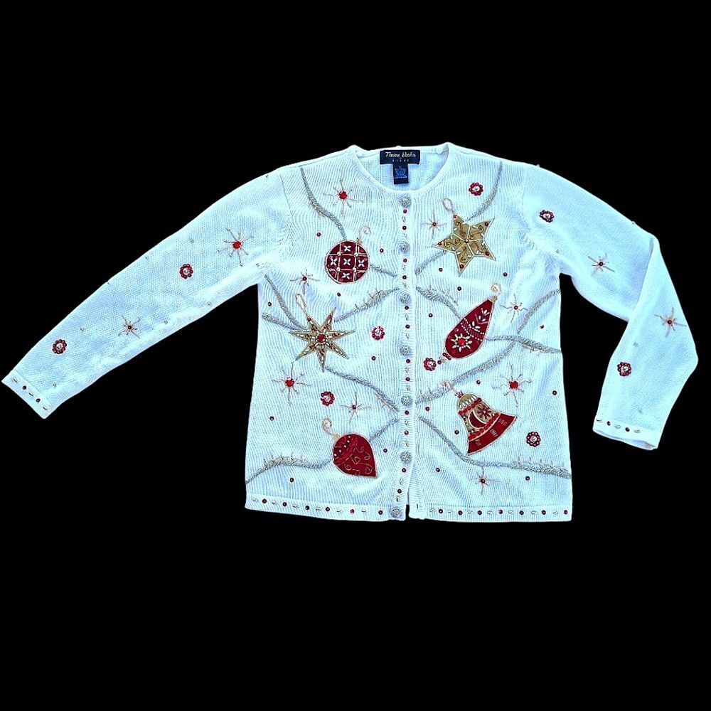 Vintage 90's KIKIT Christmas Sweater Cream Embellished Ornaments Cardigan size S - Picture 3 of 16